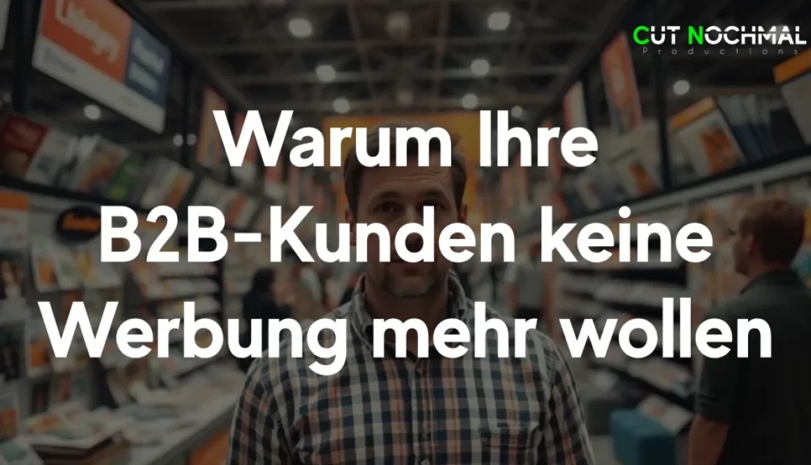 B2B-Kunden wollen keine Werbung mehr Thumbnail Mann auf Messen neben Werbegrafiken mit ernstem Blick als Industriekunde