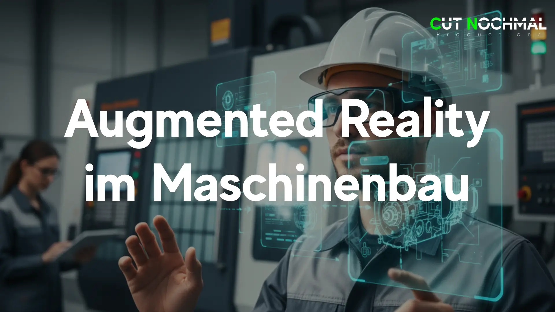 AugmentedReality-im-Maschinenbau_Thumb Ingenieur oder Techniker nutzt Augmented Reality (AR) Brille zur Wartung oder Bedienung einer komplexen CNC-Maschine in einer modernen Fertigungsumgebung