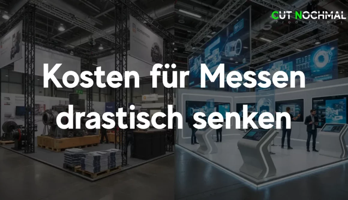 Vergleich der Messe Kosten im Maschinenbau: Links der teure traditionelle Stand mit Maschinen, rechts der virtuelle Stand mit Digital Signage, der Kosten drastisch senkt.