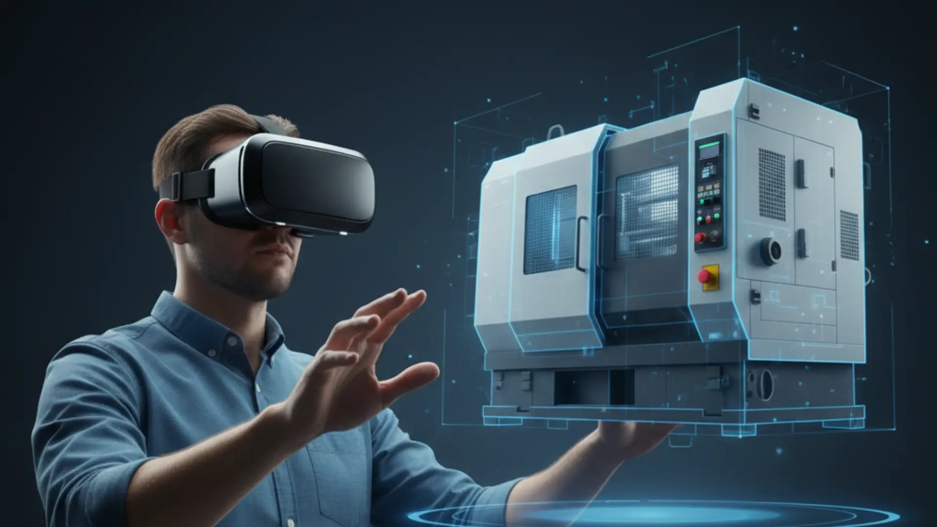 VirtualReality-Maschinenbau-VirtuellerShowroom Kunde aus der Industrie mit einer Virtual Reality Brille interagiert mit fotorealistischem 3D-Modell einer CNC-Maschine in einem virtuellen Showroom. Visualisierung komplexer Anlagen durch Virtual Reality im B2B-Umfeld.