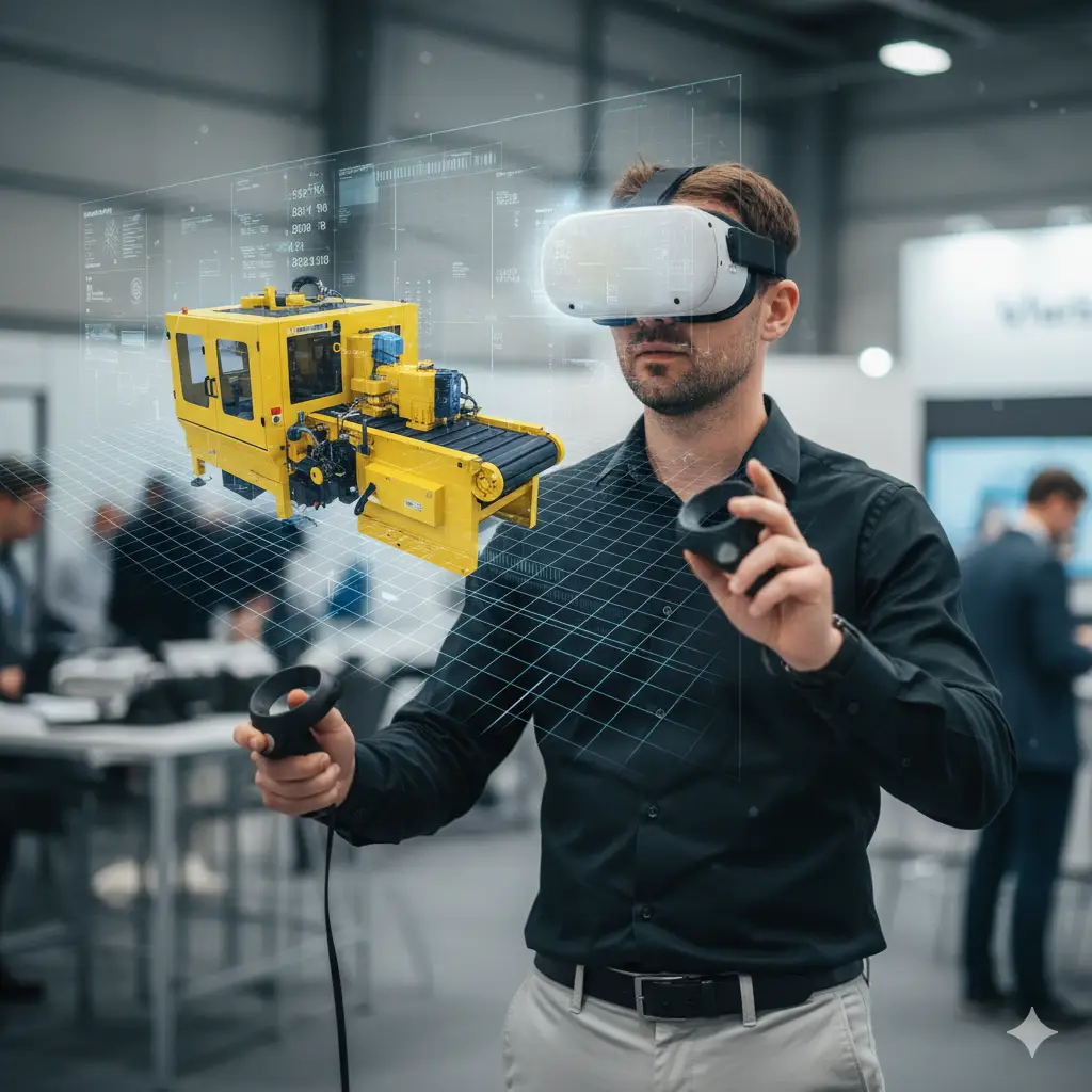 VirtualReality-Showroom Ingenieur oder Vertriebsmitarbeiter mit VR-Brille interagiert mit fotorealistischem 3D-Modell einer Industriemaschine in einem virtuellen Raum. Visualisierung komplexer Anlagen durch Virtual Reality im B2B-Umfeld.
