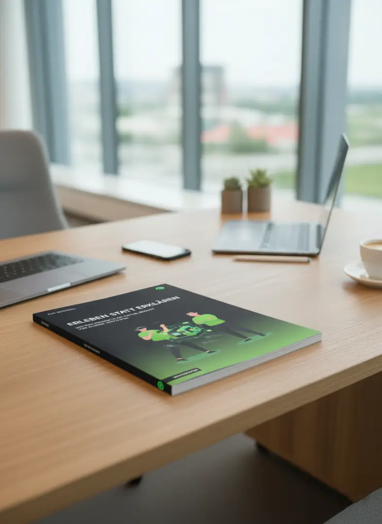 Virtual Reality im Vertrieb XR Sales Marketing Maschinenbau Produktpräsentation Guide Leitfaden Whitepaper liegt auf dem Tisch eines Vertriebsmanagers