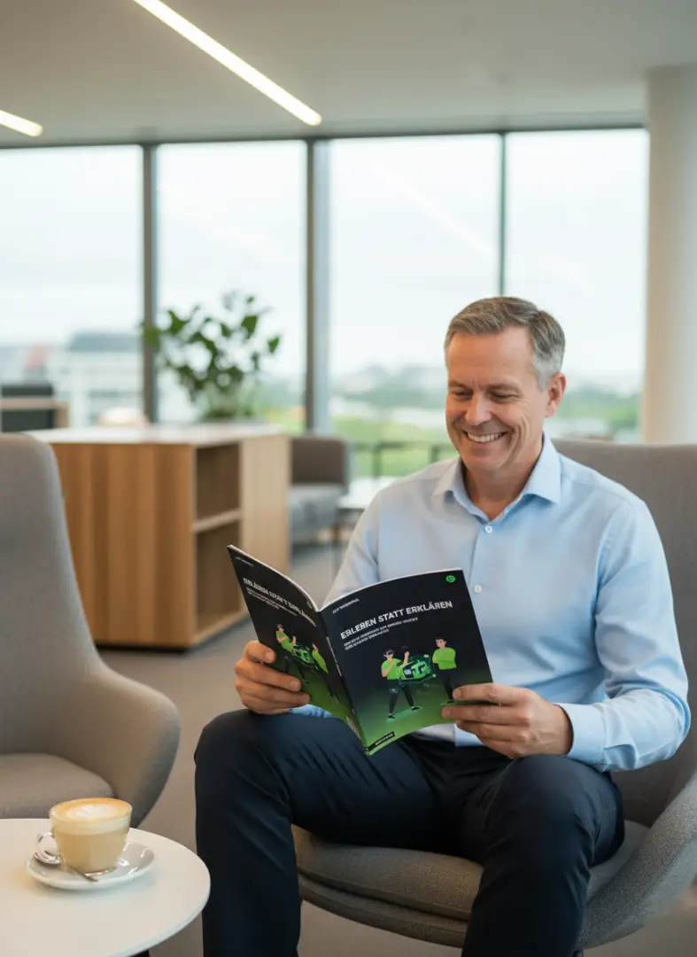 Vertriebsmanager oder Head of Sales liest gerade den Leitfaden Handbuch Guide Whitepaper für Virtual Reality Vertrieb in der Industrie für mehr Verkäufe auf Messen bei Kundenbesuchen und in Meetings