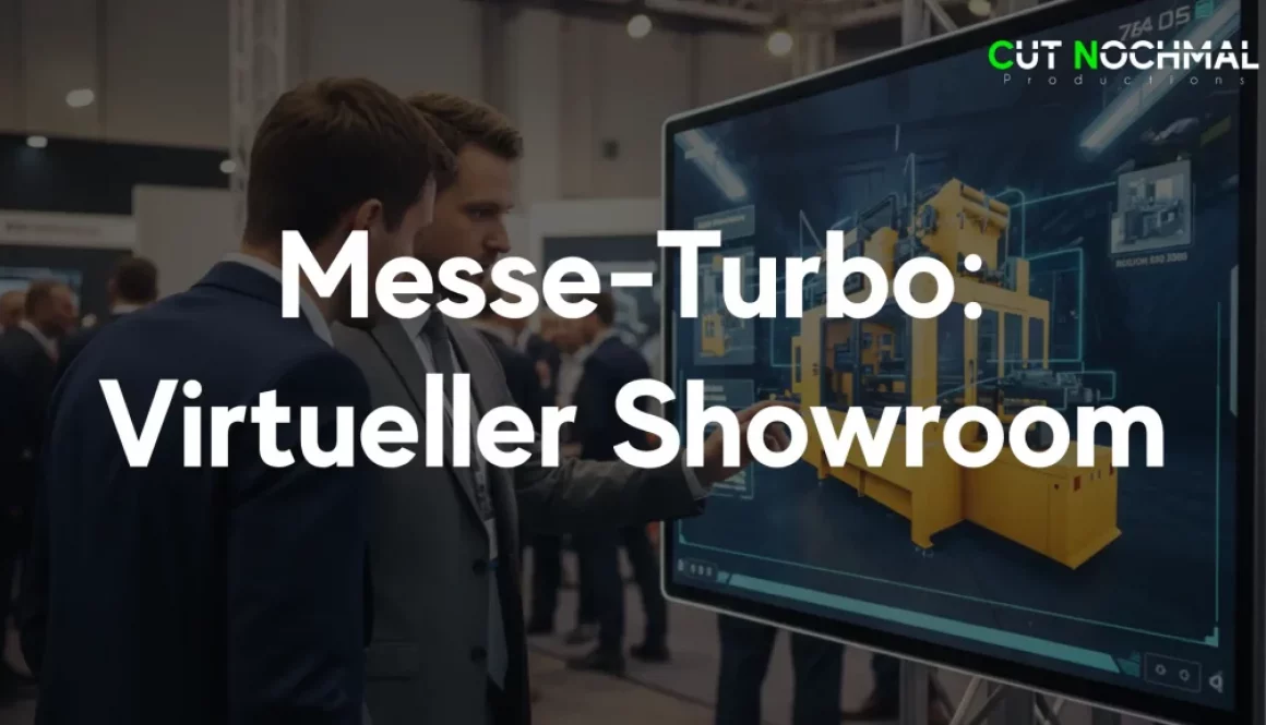 Virtueller Showroom auf einem Touchscreen am B2B-Messestand. Zwei Vertriebsmitarbeiter aus dem Maschinenbau präsentieren eine komplexe Anlage digital und machen Technik greifbar.