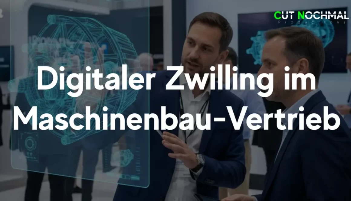 Maschinenbau Vertriebsmitarbeiter präsentiert und überzeugt Neukunden auf einer Messe mit einem digitalen Zwilling einer Anlage