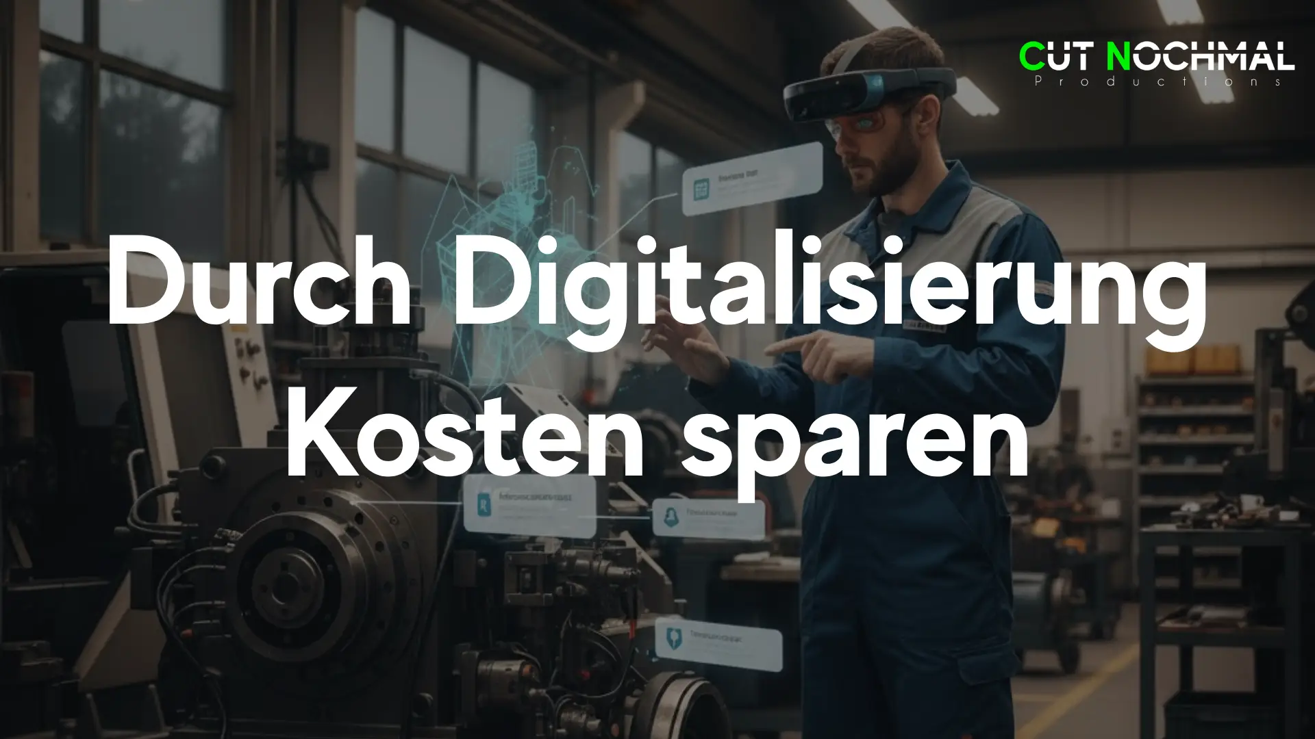 Digitalisierung in Industrieunternehmen durch digitale Tools wie Augmented Reality Brille die ein Mitarbeiter bei der Wartung und Instandsetzung einer Maschinenbau Anlage auf seinem Kopf hat