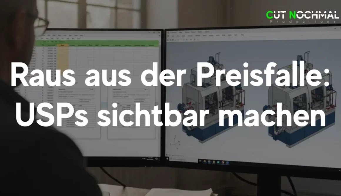 Raus aus der Preisfalle. Maschinenbauer bzw. Ingenieur sitzt vor PC und wägt gerade ab welche Maschine eingekauft werden soll. Zudem hat er auf einem Monitor eine Excelliste auf dem andere ein CAD Programm offen