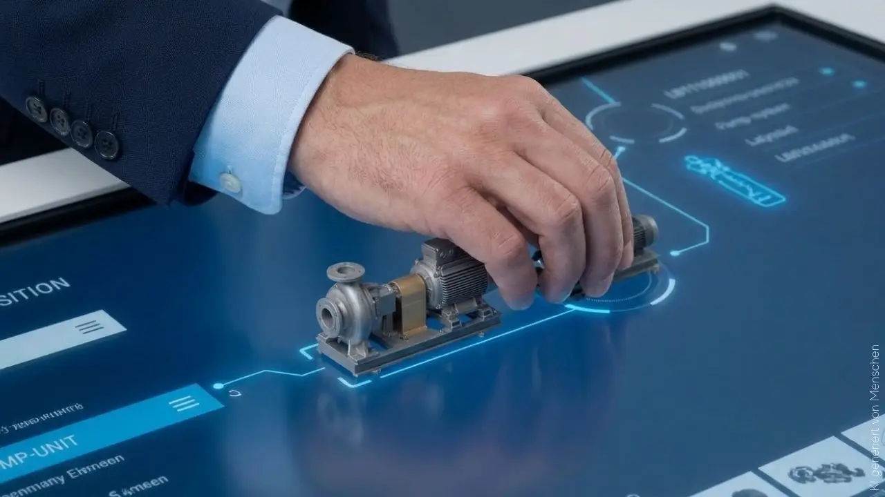 Szene aus dem Industrievertrieb in der ein Kunde eine Maschine auf einem Touch Tisch wie von Eyefactive, Touchwert, Weltenbauer oder Industriewerk erlebt und bedient.