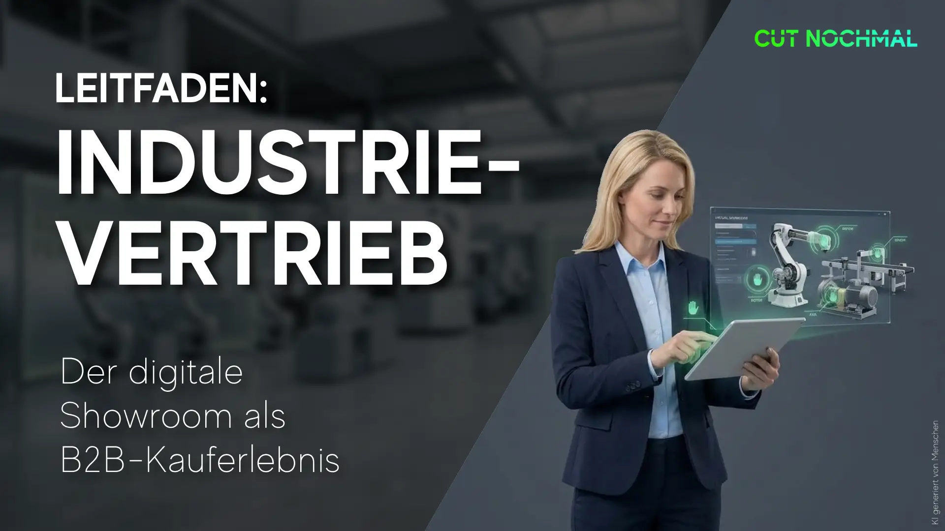 Titel "Leitfaden Industrievertrieb: Der digitale Showroom als B2B-Kauferlebnis" eine Vertriebsmitarbeiterin aus dem Maschinen und Anlagenbau der Industrie hält ein digitales Tablet in der Hand und erkundet einen virtuellen digitalen Showroom für Ihr Marketing zum Verkauf