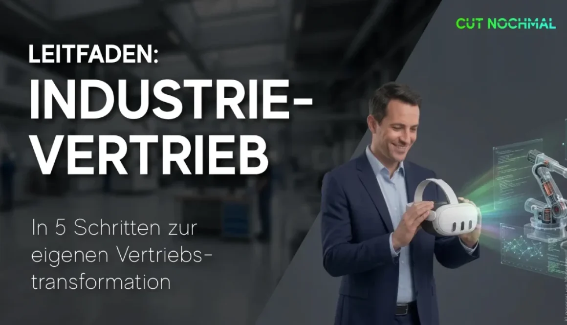 Leitfaden Industrievertrieb in 5-Schritten zur eigenen Vertriebstransformation als Titel. Ein Vertriebsmitarbeiter steht mit einer VR-Brille für Virtual Reality virtuelle Realität und betrachtet seine Maschine dadurch