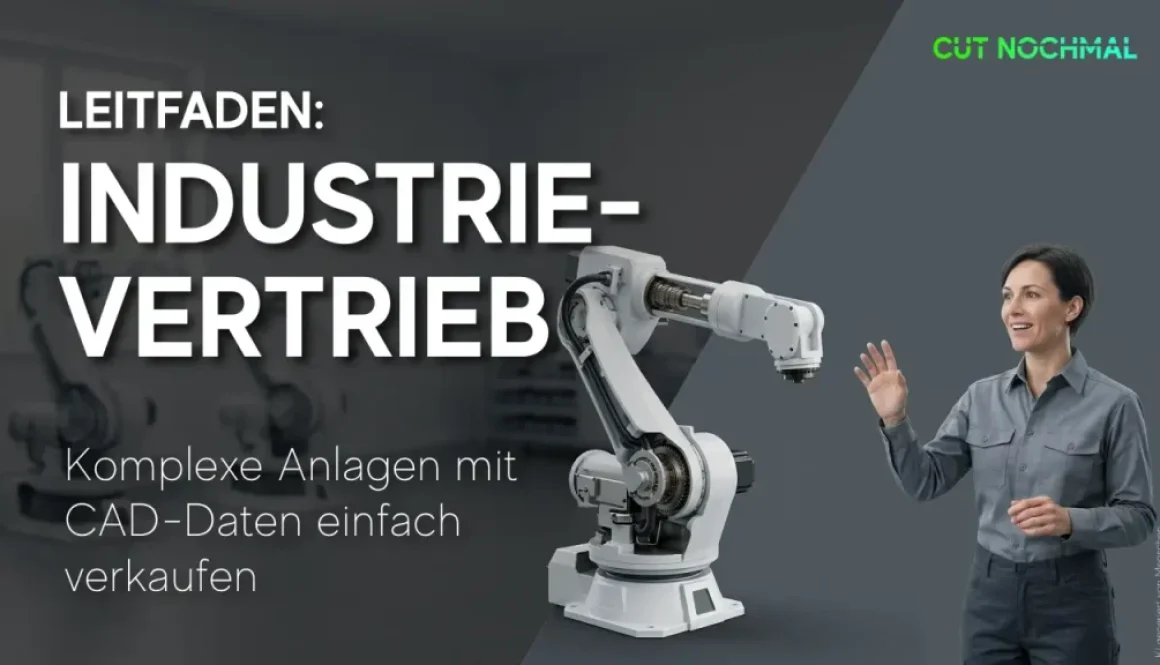 Titel "Leitfaden Industrievertrieb" mit Untertitel "Komplexe Anlagen einfach verkaufen mit CAD-Daten". Mit Bild einer Vertrieb Mitarbeiterin die begeistert vor einem Roboterarm oder einer Maschine steht.