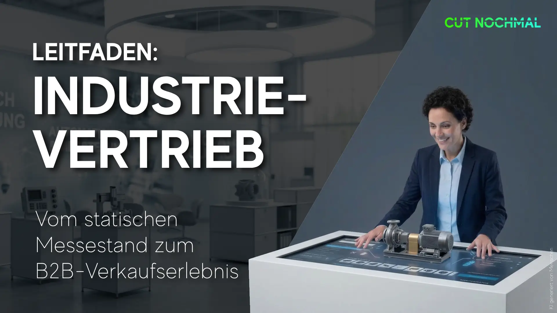Titel "Leitfaden Industrievertrieb" Vom statischen Messestand zum B2B-Verkaufserlebnis. Industrie Kundin steht vor einem Touch Tisch und erkundet interaktive eine Vertrieb Lösung und Maschine.