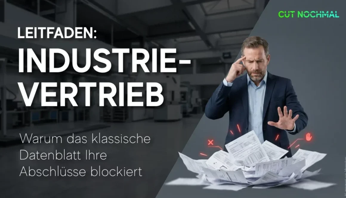 Titel "Leitfaden Industrievertrieb" mit Untertitel "Warum klassische Datenblätte ihre Abschlüsse blockieren". Mit Bild eines Vertriebsmitarbeiters der sich beim Verkauf von Maschinen und Anlagen in der Industrie an den Kopf fässt.