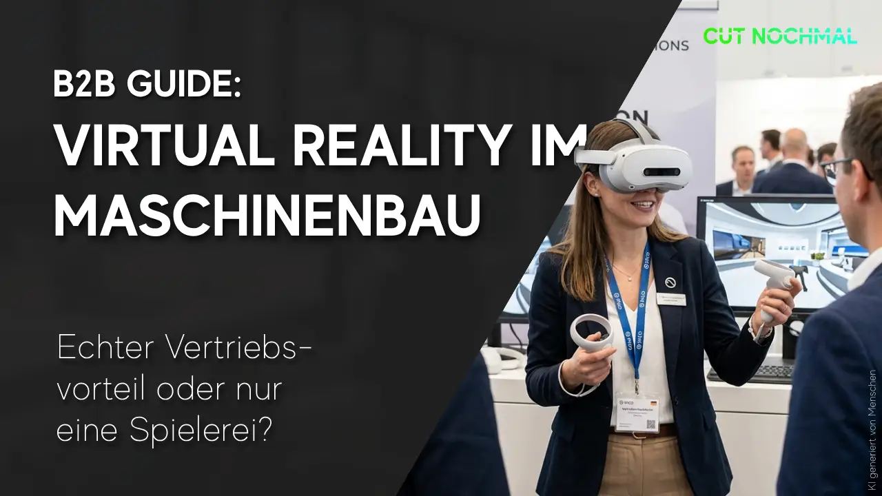 Titelbild zum B2B-Guide "Virtual Reality im Maschinenbau". Vertrieblerin mit Virtual Reality Brille steht auf Messestand und zeigt Kunden Maschine digitaler Vertrieb in der Industrie